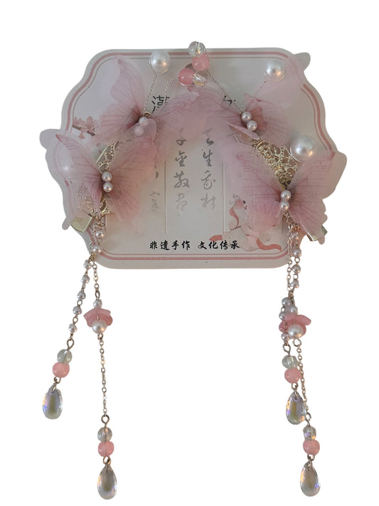 Pink Butterfly Tassel Hair Clips · Handcrafted Hanfu Hair Accessory
