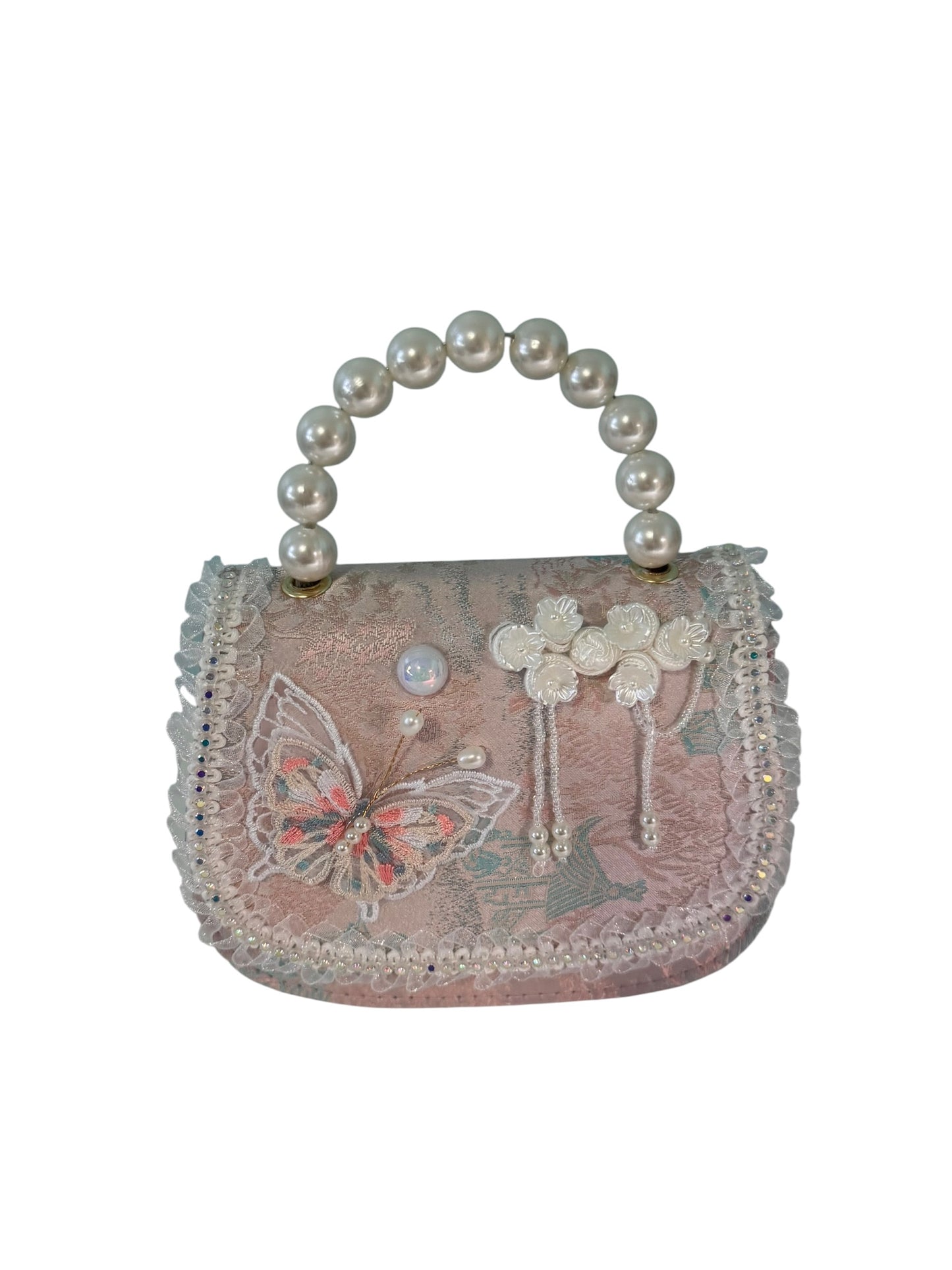 Butterfly Brocade Pearl-Handle Handbag