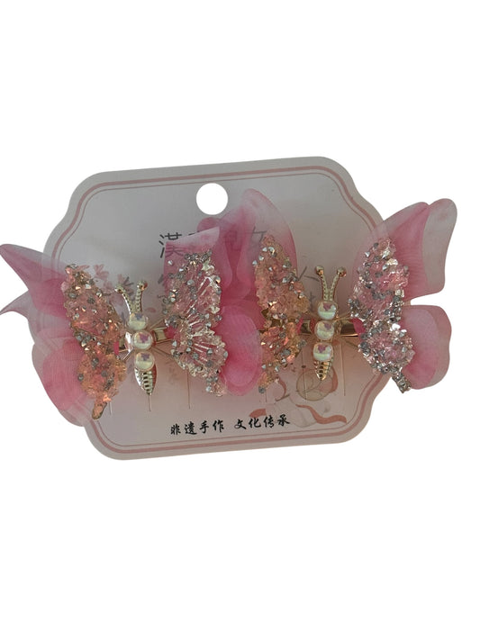 Pink Crystal Butterfly Hair Clips