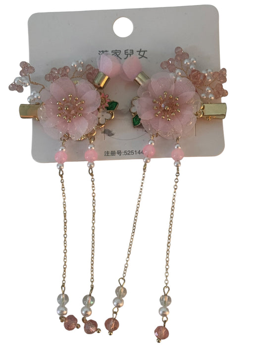 Pink Floral Tassel Hair Clips